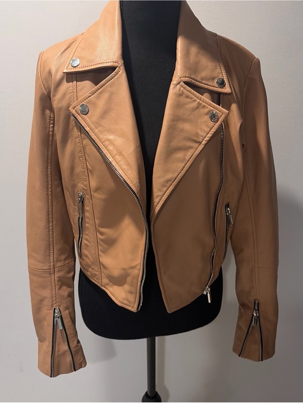 Tan/ Pink Leather Moto Jacket Biker Punk Zippers Fitted